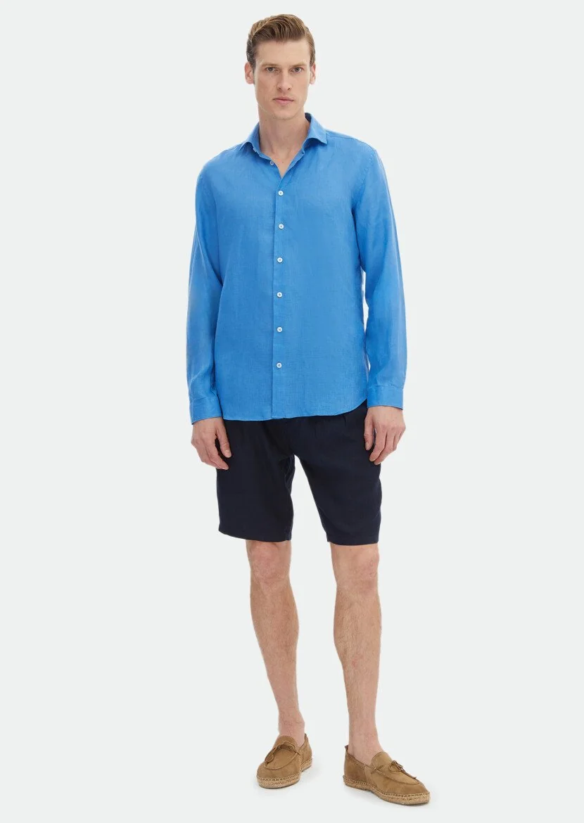 Turkuaz Düz Regular Fit Dokuma Casual %100 Keten Gömlek 