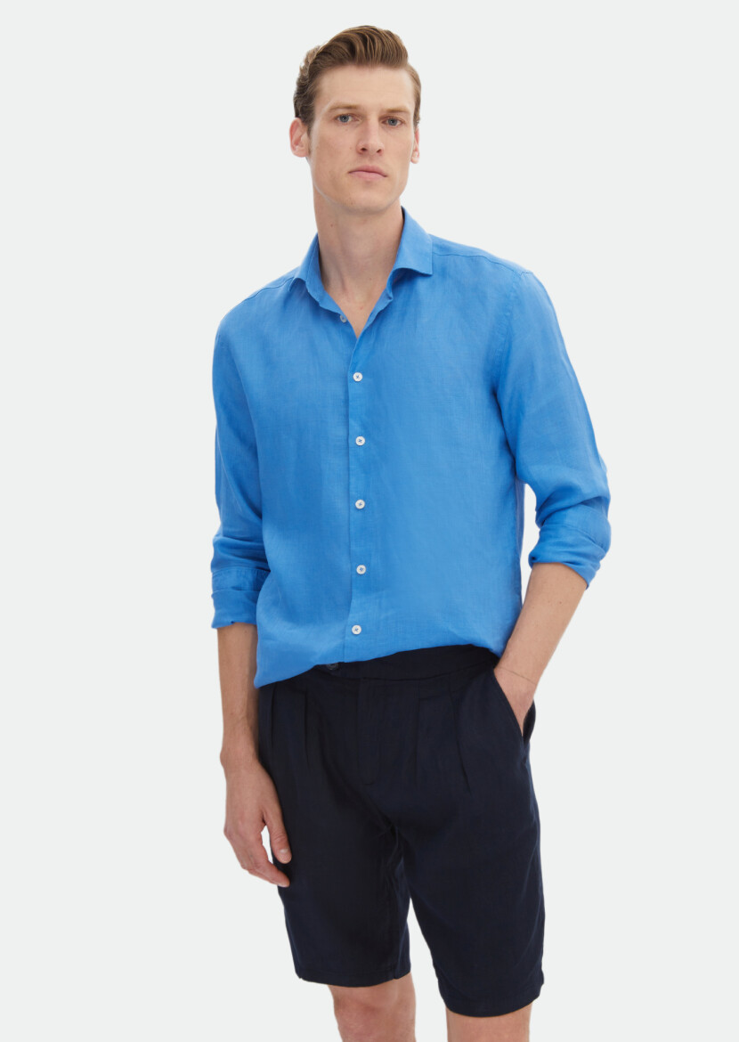 Turkuaz Düz Regular Fit Uzun Dokuma Casual %100 Keten Gömlek - 1