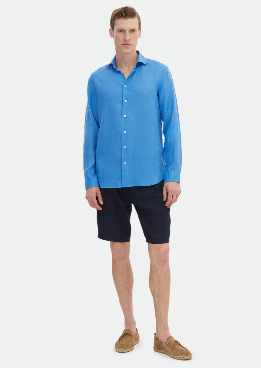 Turkuaz Düz Regular Fit Uzun Dokuma Casual %100 Keten Gömlek - 2