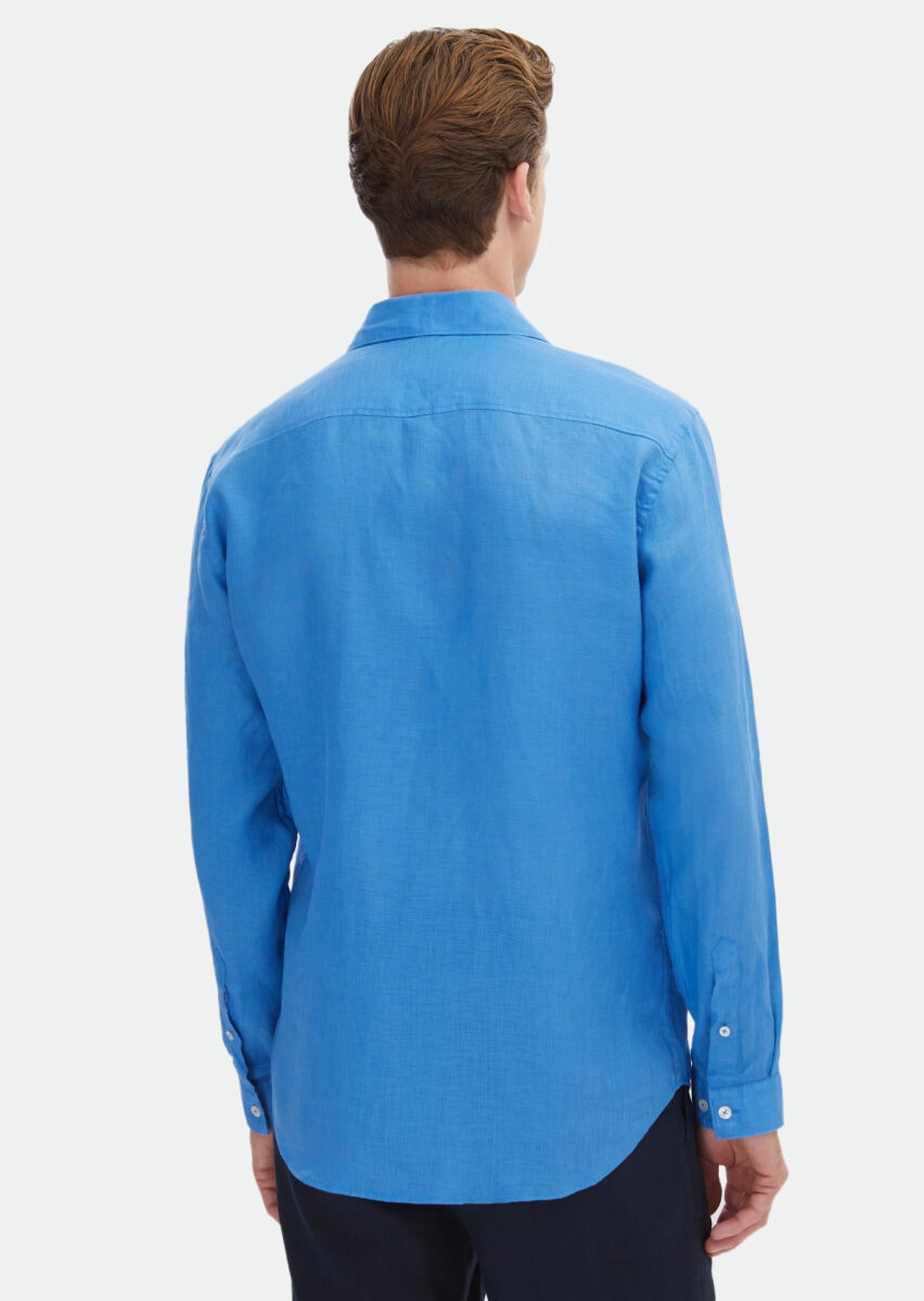 Turkuaz Düz Regular Fit Uzun Dokuma Casual %100 Keten Gömlek - 4