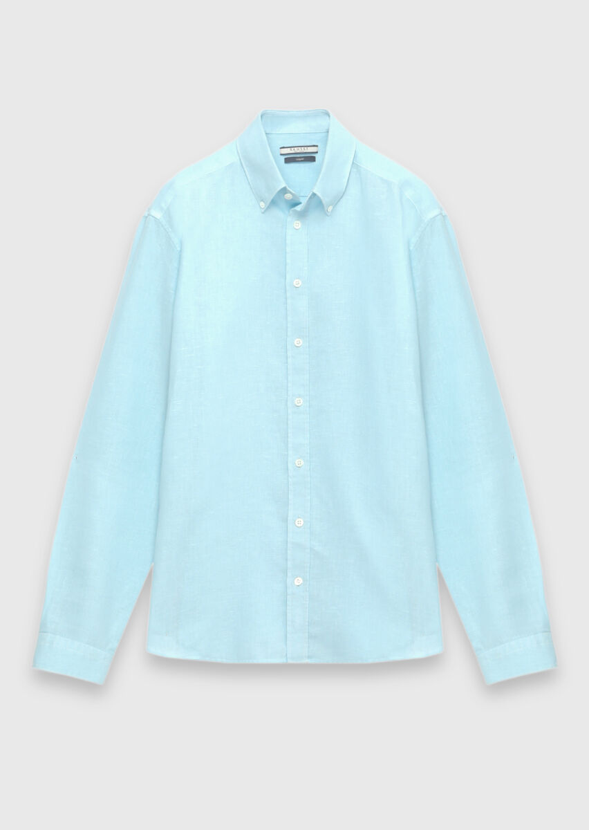 Turkuaz Düz Regular Fit Uzun Dokuma Casual Pamuk Karışımlı Gömlek - 6