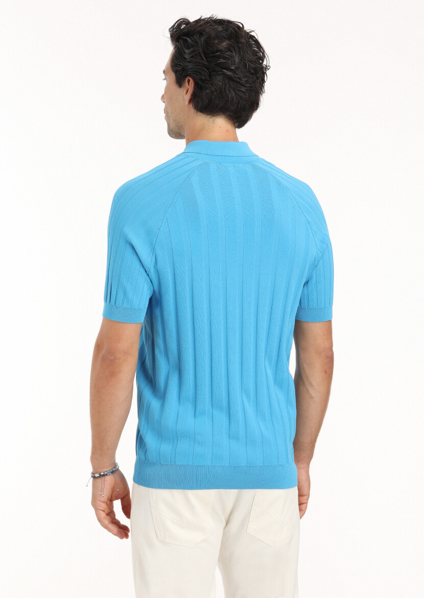 Turkuaz Polo Yaka Jakarlı Triko - 5