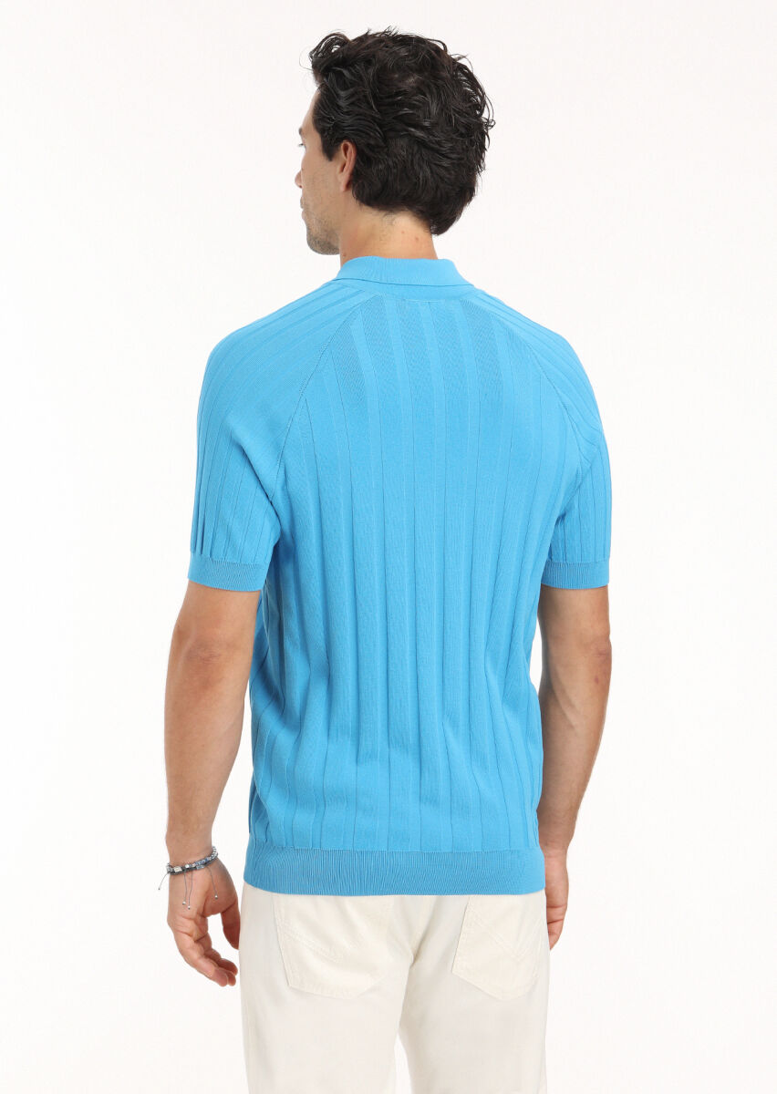 Turkuaz Polo Yaka Jakarlı Triko - 5