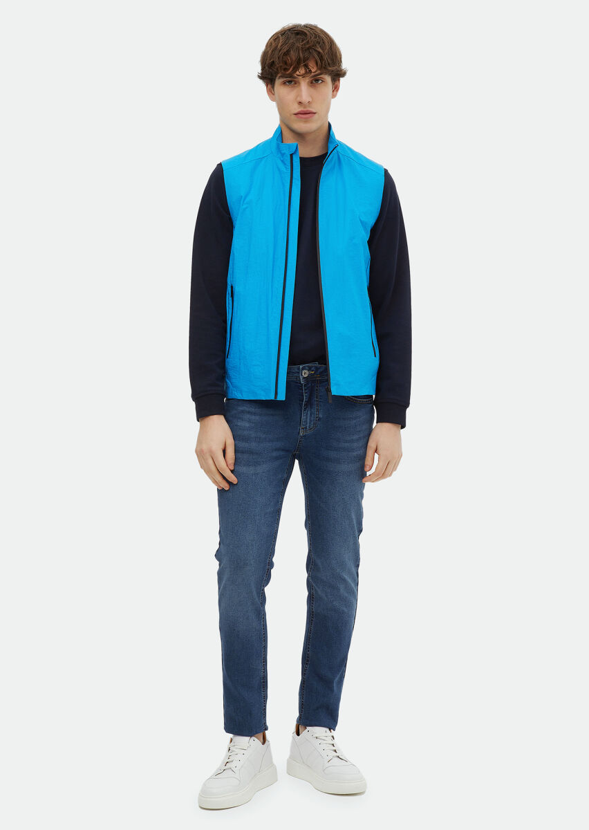 Turkuaz Regular Fit Dik Yaka Denim Dokuma Spor Yelek - 2