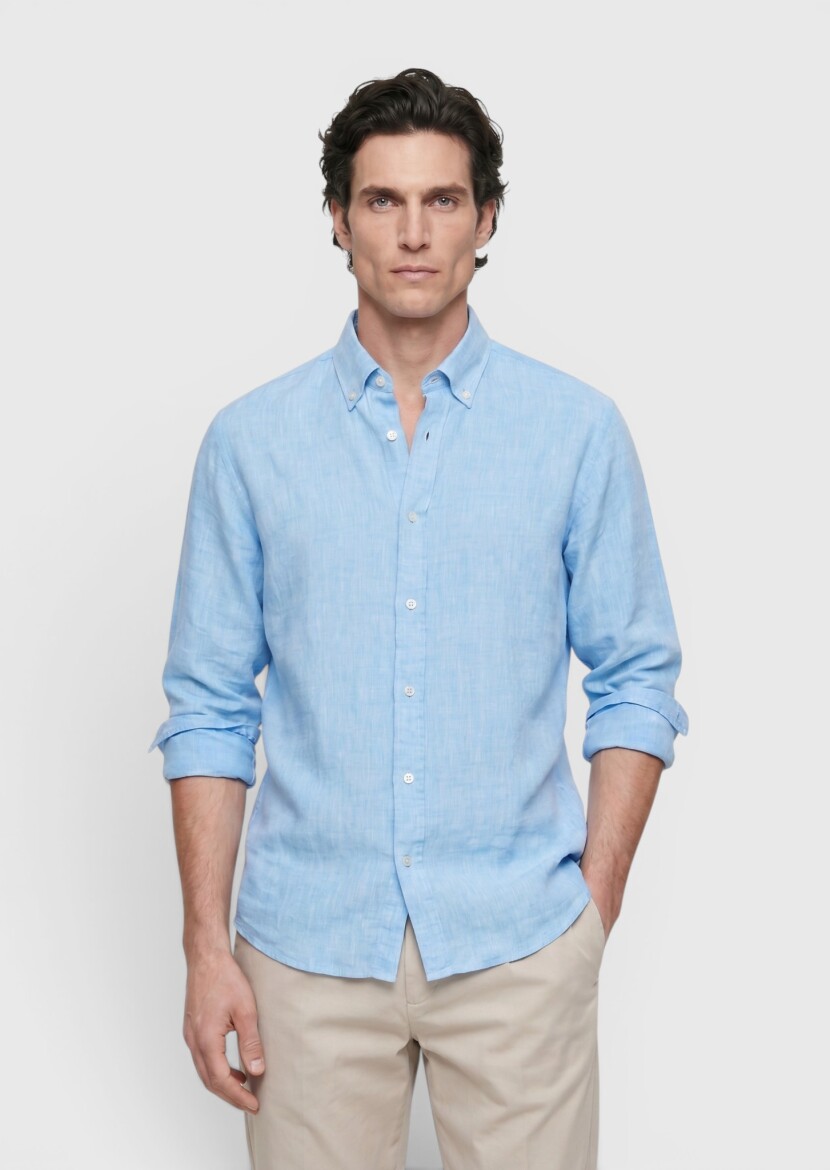 Turquoise Plain Casual Fit Long Weaving Casual 100% Linen Shirt - RAMSEY