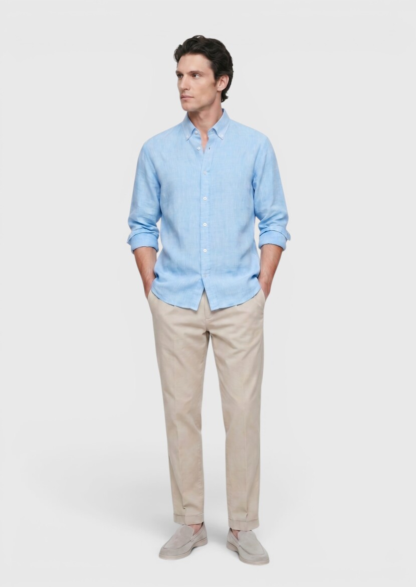 Turquoise Plain Casual Fit Long Weaving Casual 100% Linen Shirt - RAMSEY