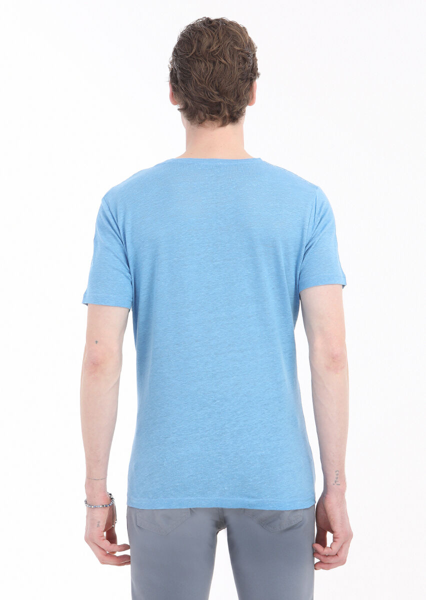Turquoise Plain Crew Neck 100% Linen T-Shirt - 4