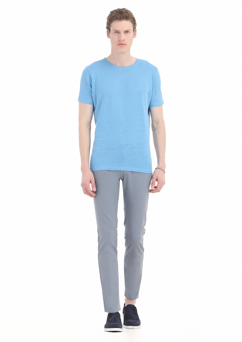 Turquoise Plain Crew Neck 100% Linen T-Shirt 