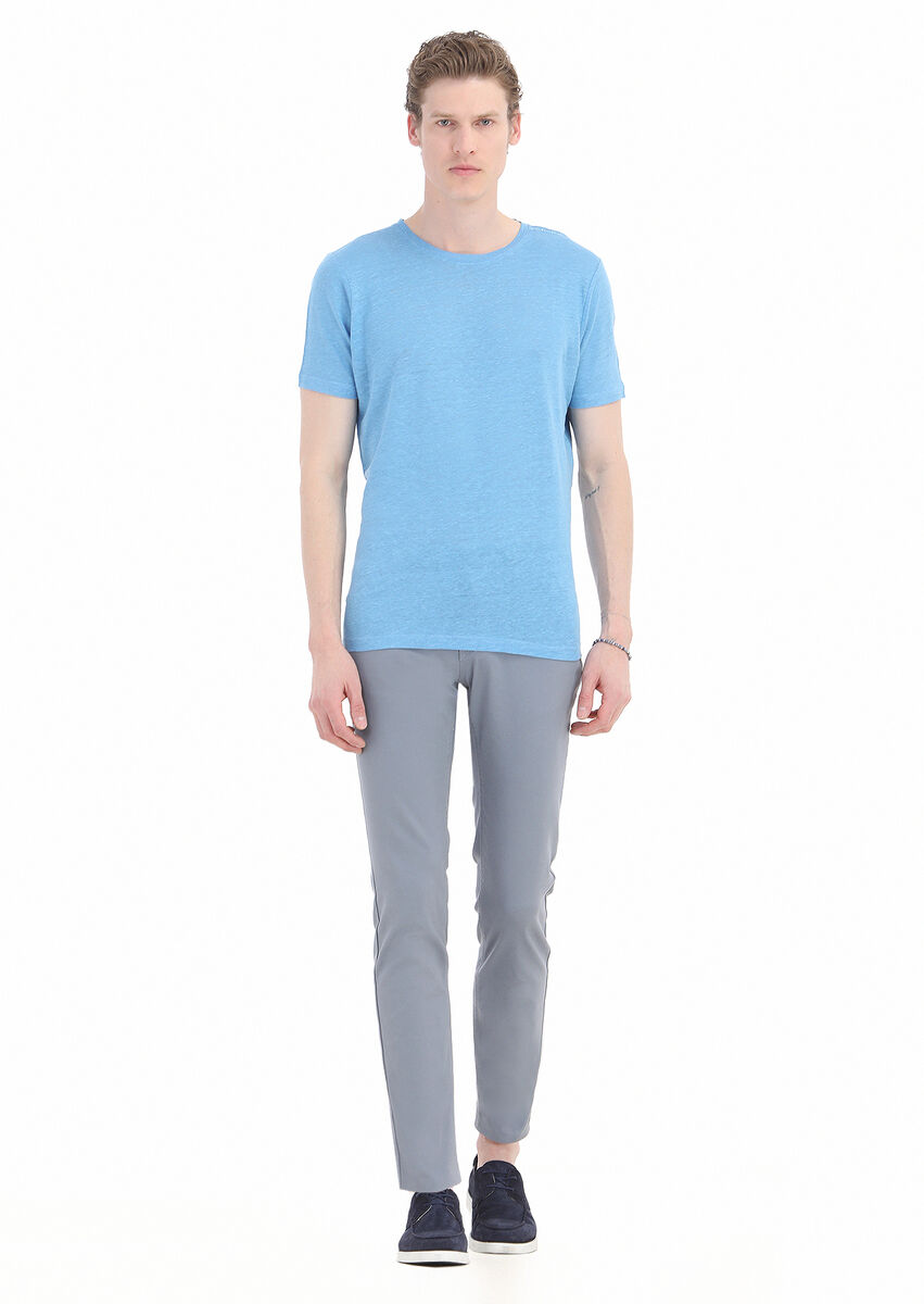 Turquoise Plain Crew Neck 100% Linen T-Shirt - 1