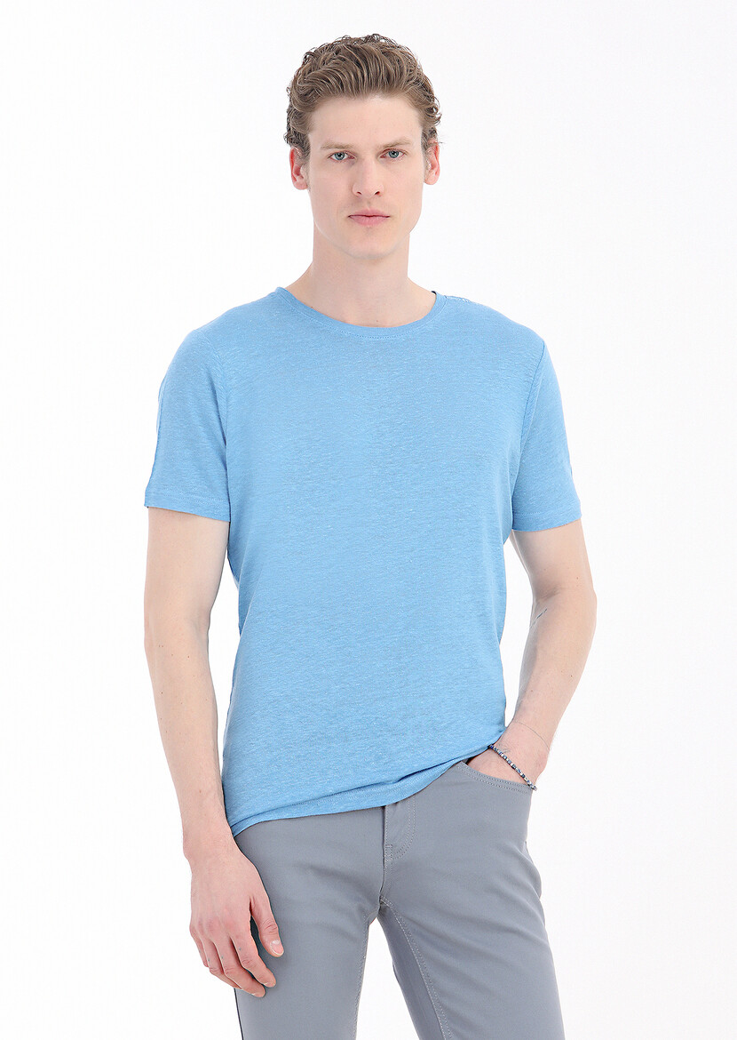 Turquoise Plain Crew Neck 100% Linen T-Shirt - 2