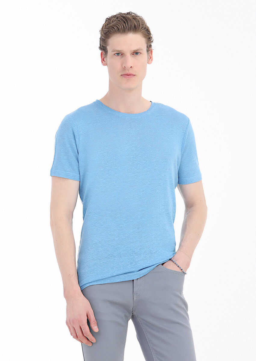 Turquoise Plain Crew Neck 100% Linen T-Shirt - 2