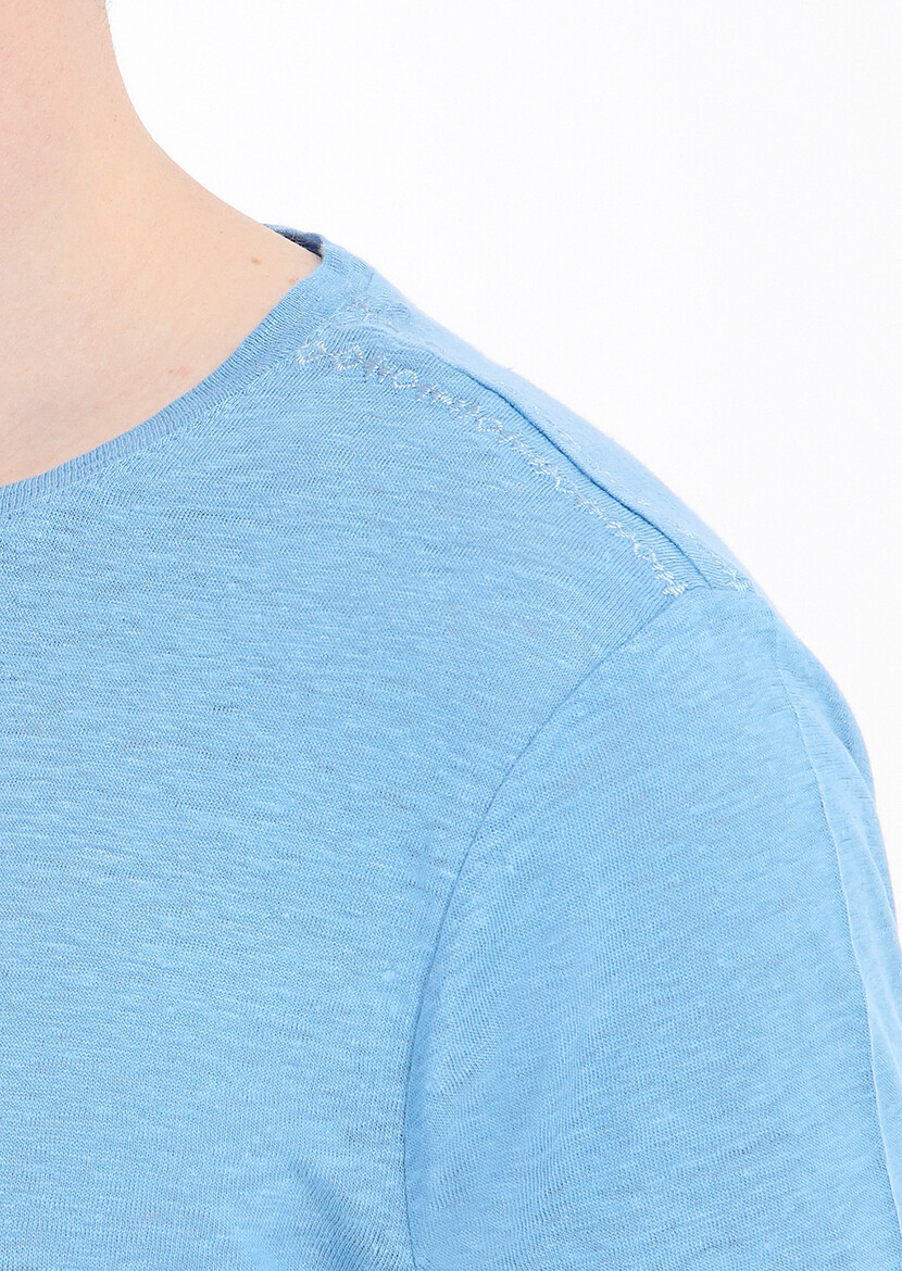 Turquoise Plain Crew Neck 100% Linen T-Shirt - 5