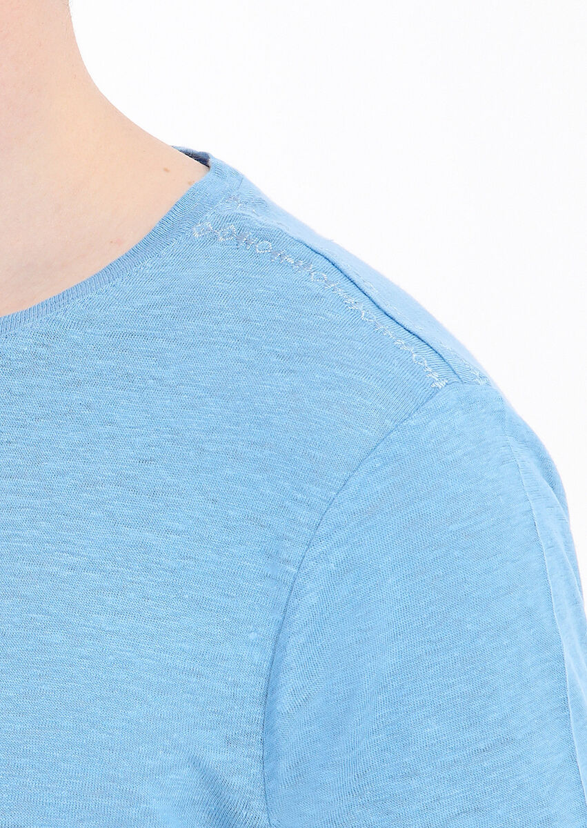 Turquoise Plain Crew Neck 100% Linen T-Shirt - 5