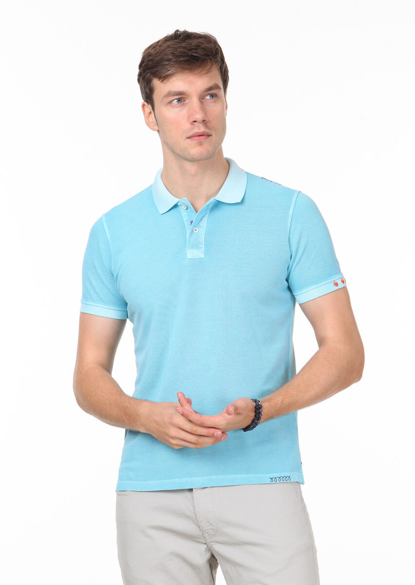 Turquoise Plain Polo Neck 100% Cotton T-Shirt - 1