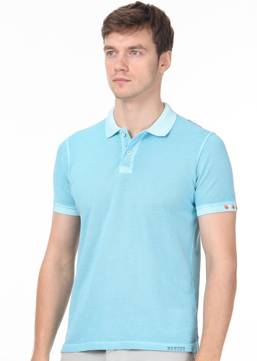 Turquoise Plain Polo Neck 100% Cotton T-Shirt - 2