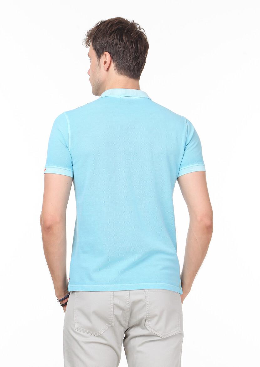 Turquoise Plain Polo Neck 100% Cotton T-Shirt - 4