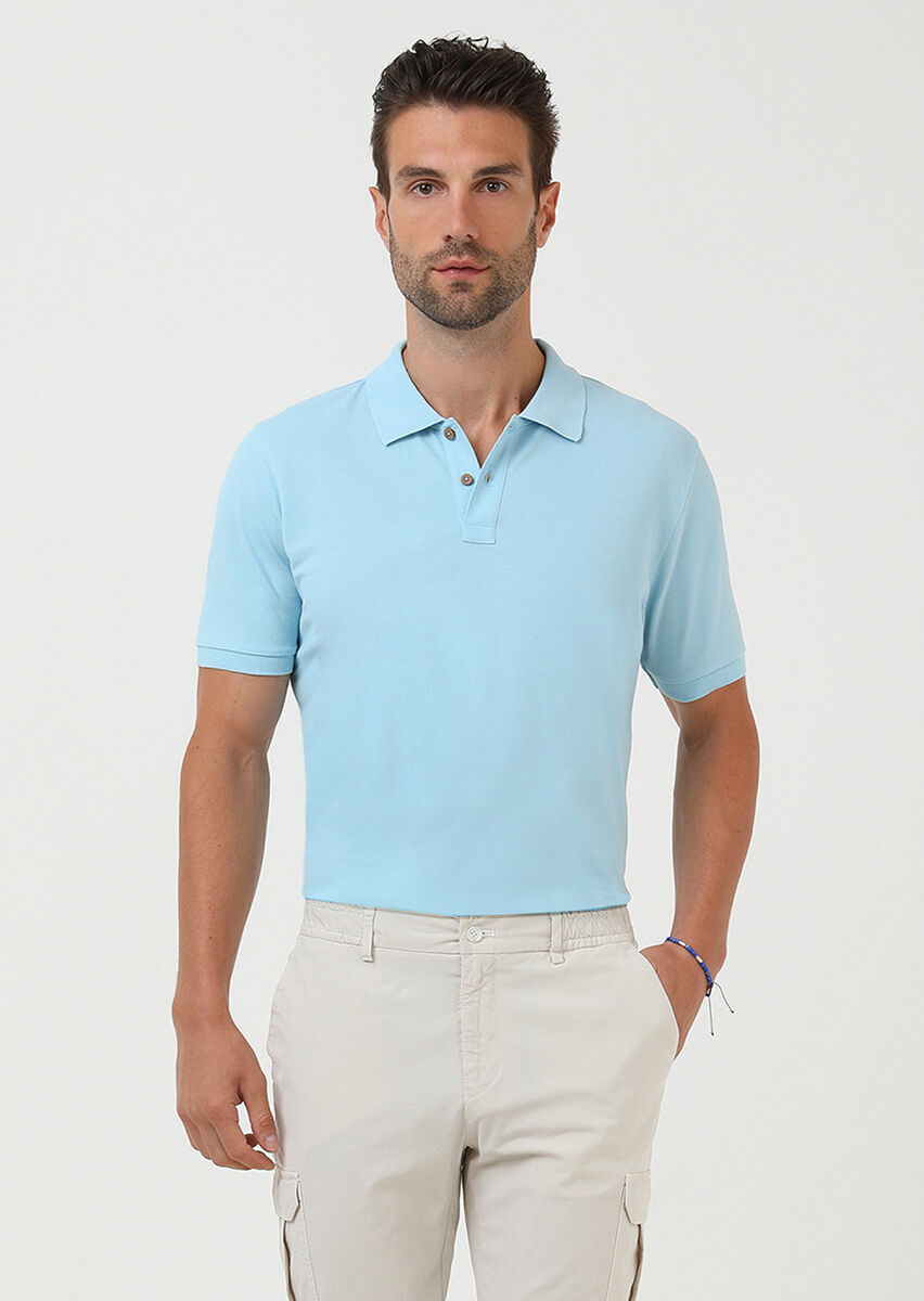 Turquoise Plain Polo Neck 100% Cotton T-Shirt - 1