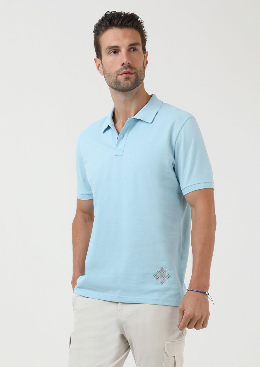 Turquoise Plain Polo Neck 100% Cotton T-Shirt - 2