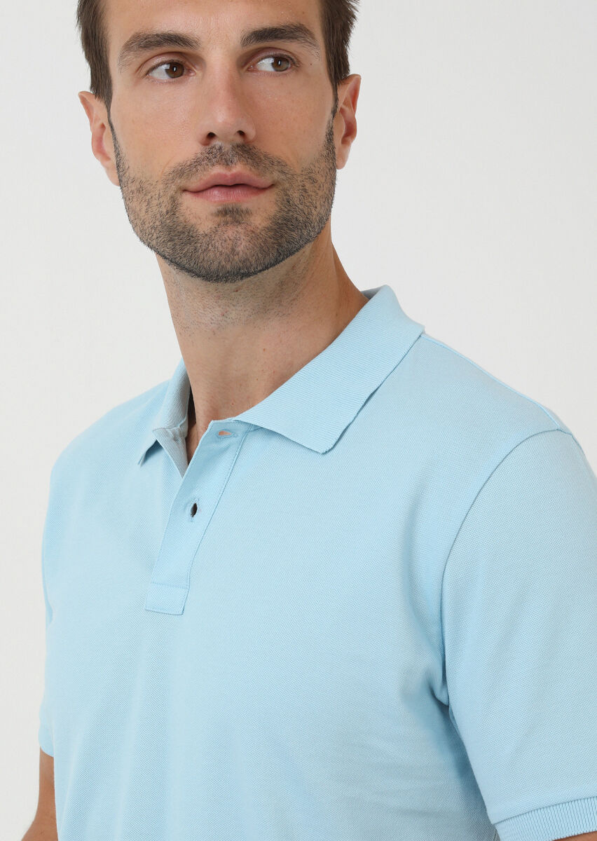 Turquoise Plain Polo Neck 100% Cotton T-Shirt - 4