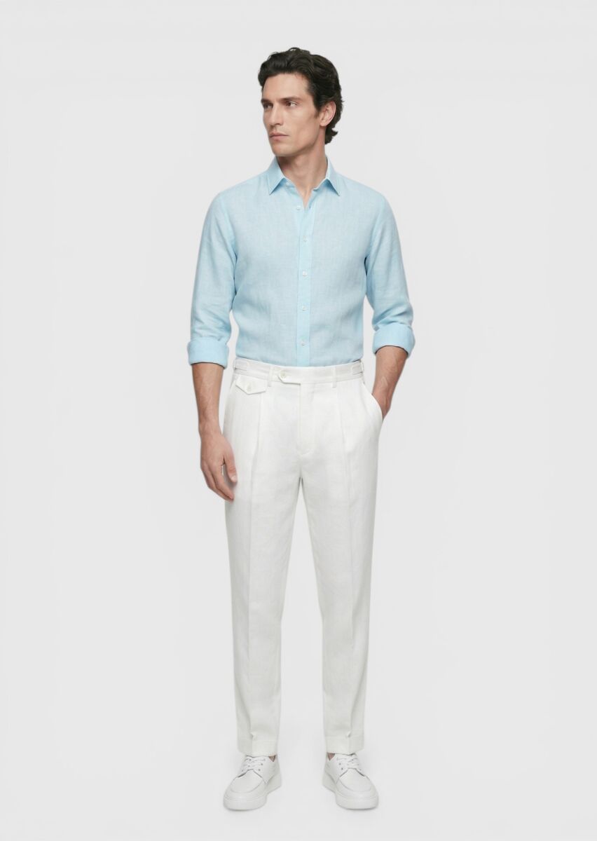 Turquoise Plain Regular Fit Long Weaving Casual Cotton Blended Shirt - 3