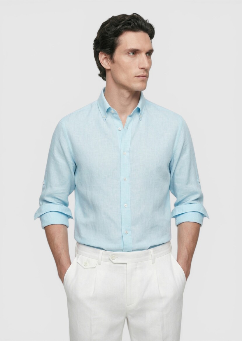 Turquoise Plain Regular Fit Long Weaving Casual Cotton Blended Shirt - 4