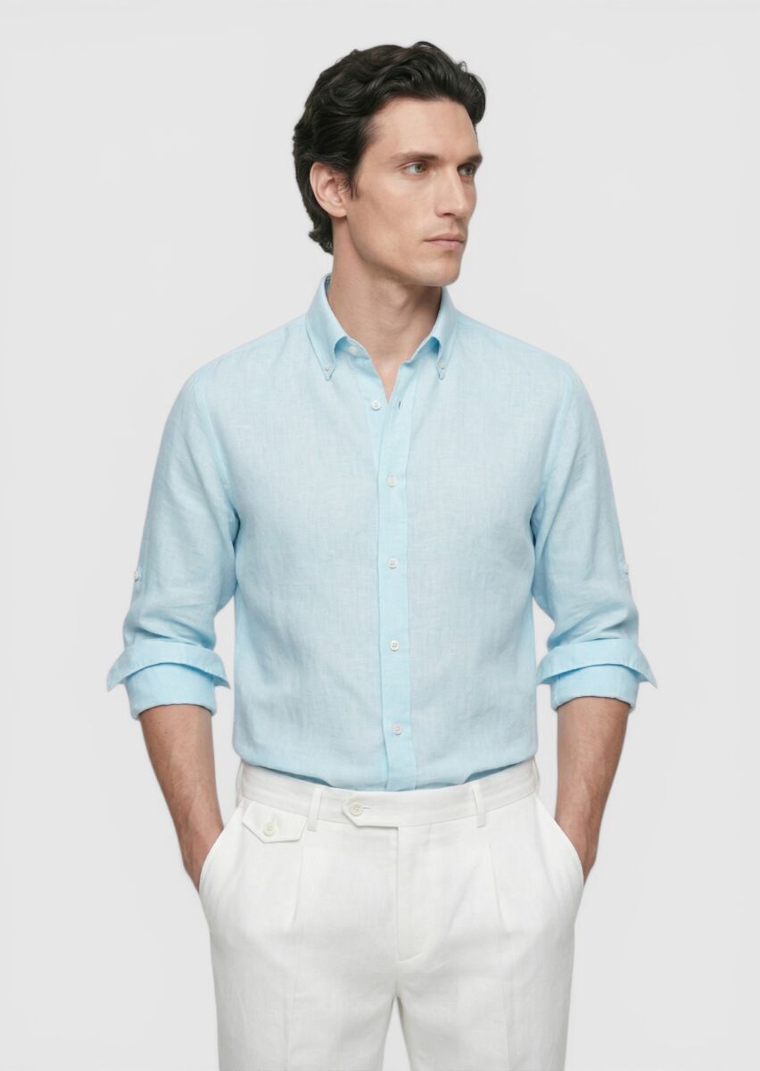 Turquoise Plain Regular Fit Long Weaving Casual Cotton Blended Shirt - 4