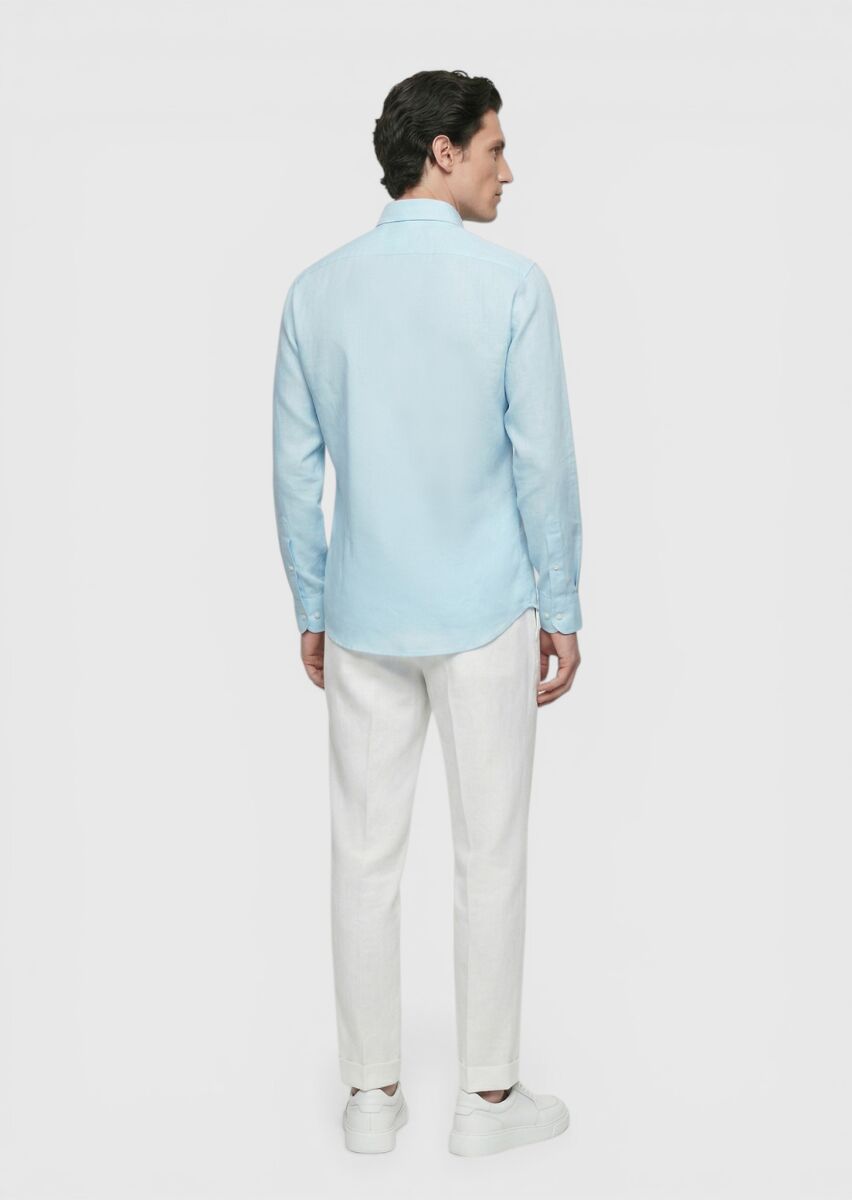 Turquoise Plain Regular Fit Long Weaving Casual Cotton Blended Shirt - 5