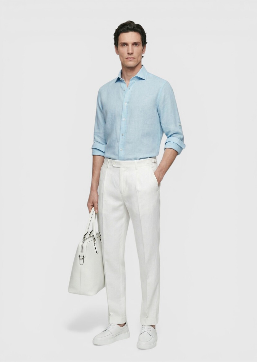 Turquoise Plain Regular Fit Long Weaving Casual Cotton Blended Shirt - RAMSEY