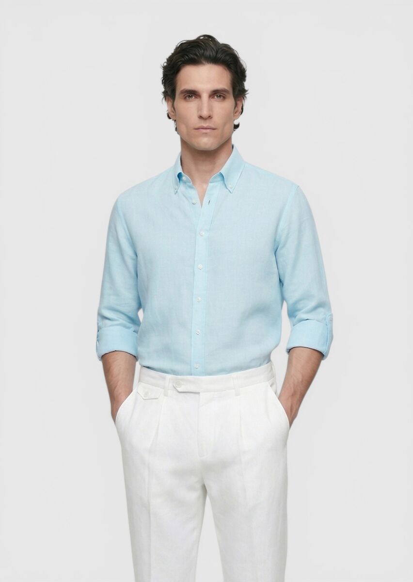 Turquoise Plain Regular Fit Long Weaving Casual Cotton Blended Shirt - 2