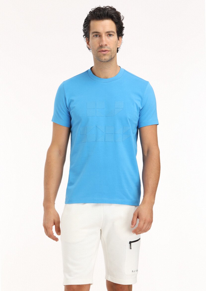 Turquoise Printed Crew Neck 100% Cotton T-Shirt 