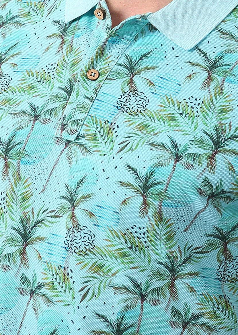 Turquoise Printed Polo Neck 100% Cotton T-Shirt 