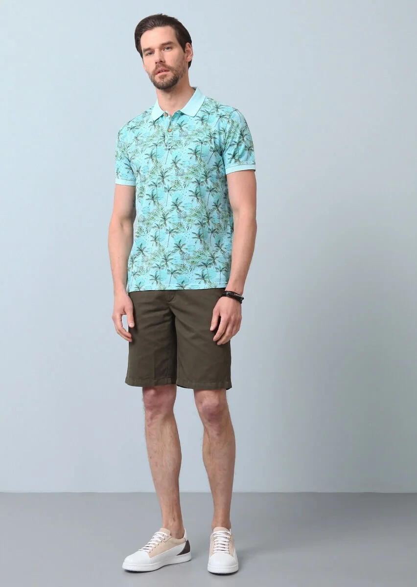 Turquoise Printed Polo Neck 100% Cotton T-Shirt - 4