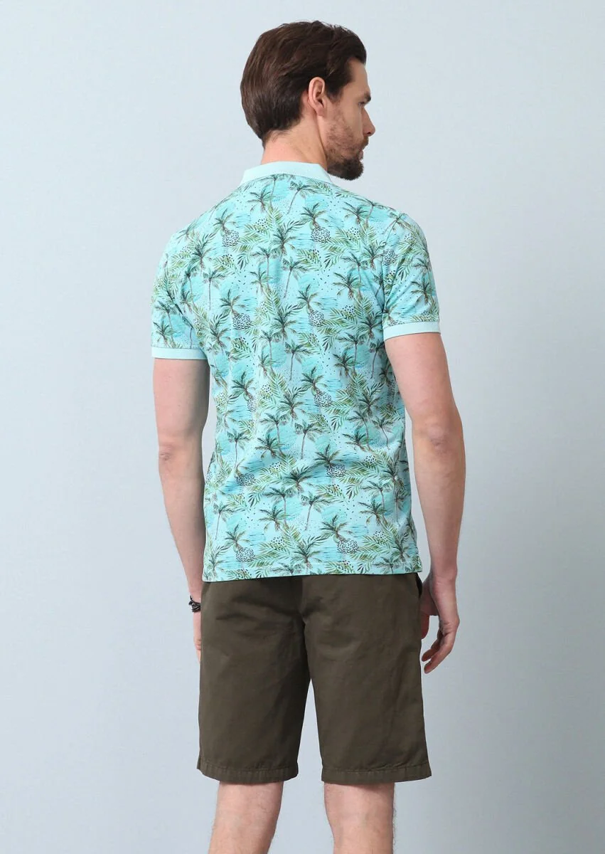 Turquoise Printed Polo Neck 100% Cotton T-Shirt - 6