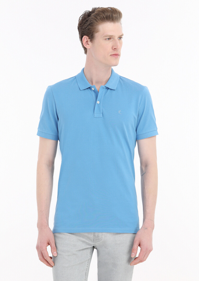 Turquoise Printed Polo Neck 100% Cotton T-Shirt - 2