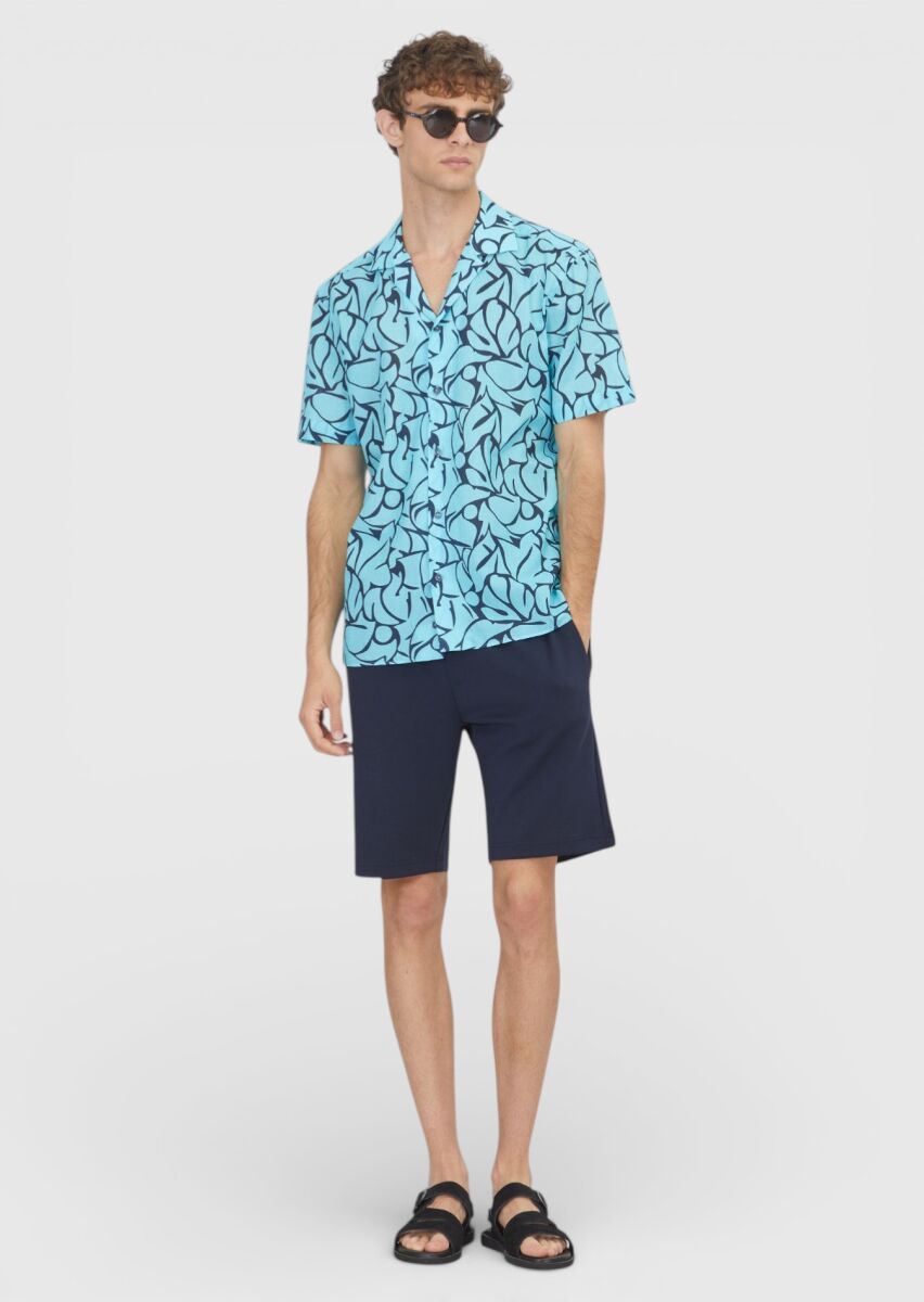 Turquoise Printed Regular Fit Short Weaving Casual 100% Cotton Shirt - 2