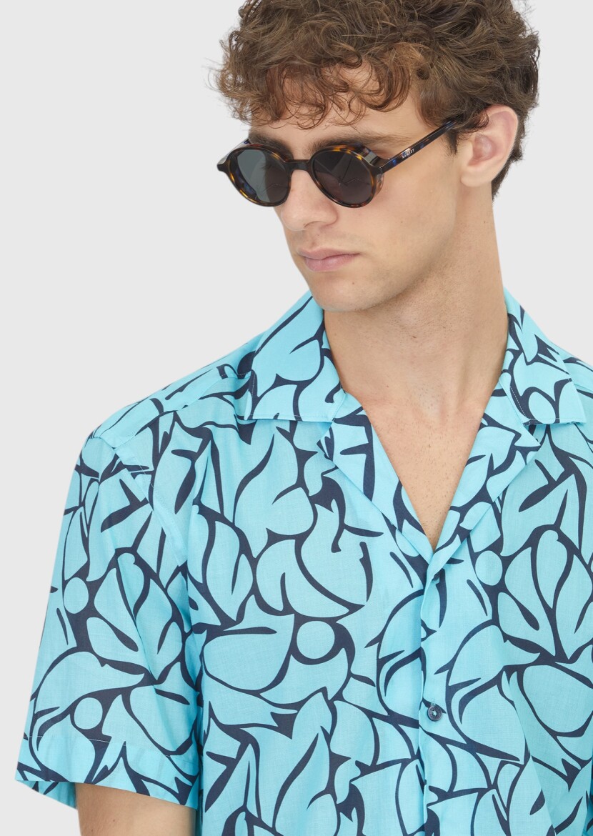 Turquoise Printed Regular Fit Short Weaving Casual 100% Cotton Shirt - 3