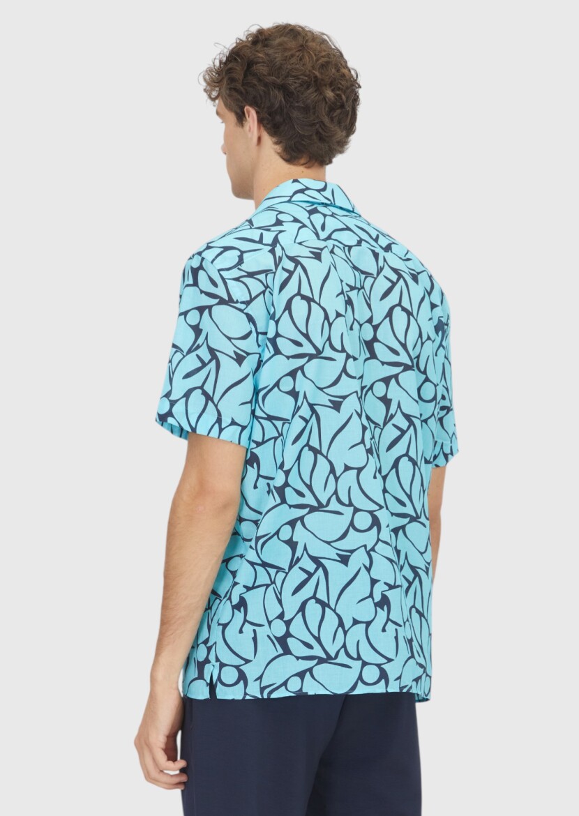 Turquoise Printed Regular Fit Short Weaving Casual 100% Cotton Shirt - 4