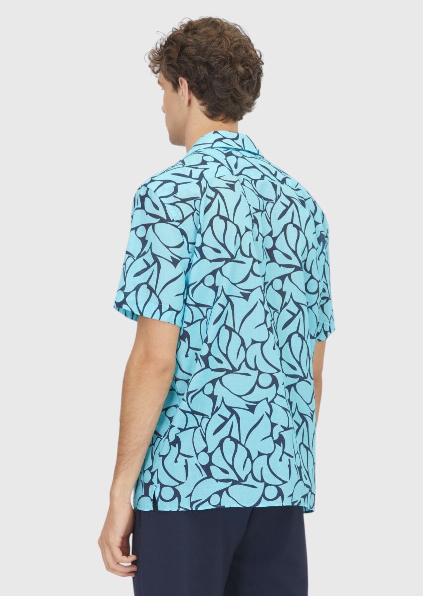Turquoise Printed Regular Fit Short Weaving Casual 100% Cotton Shirt - 4