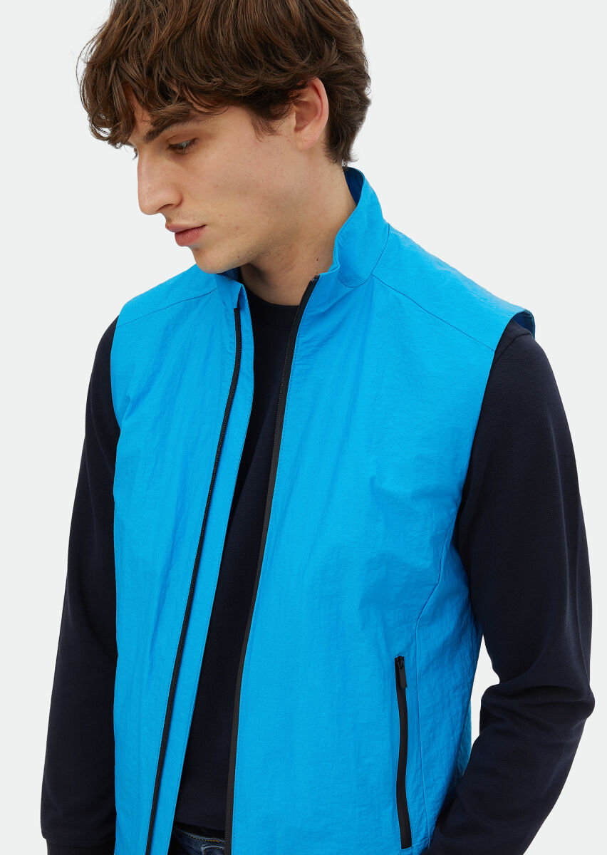 Turquoise Regular Fit Turtleneck Denim Weaving Puffer Vest - 3