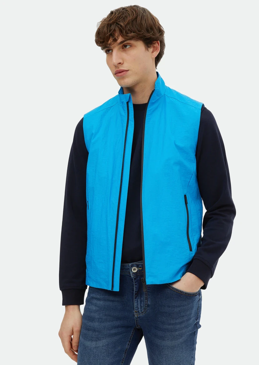 Turquoise Regular Fit Turtleneck Denim Weaving Puffer Vest - RAMSEY