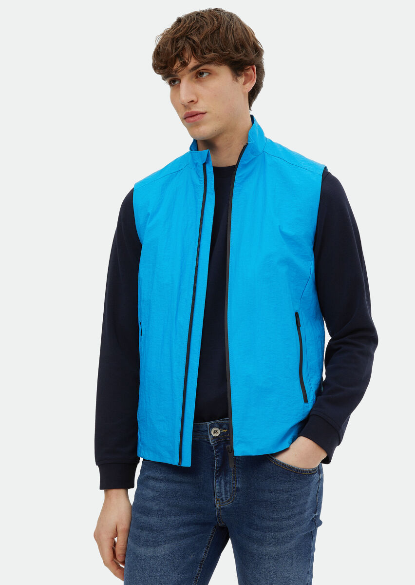 Turquoise Regular Fit Turtleneck Denim Weaving Puffer Vest - 1