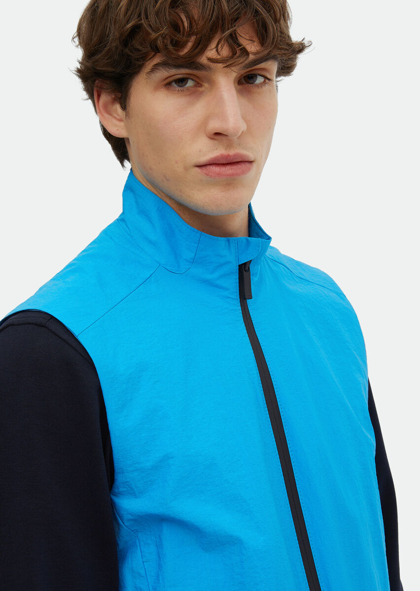 Turquoise Regular Fit Turtleneck Denim Weaving Puffer Vest - 4