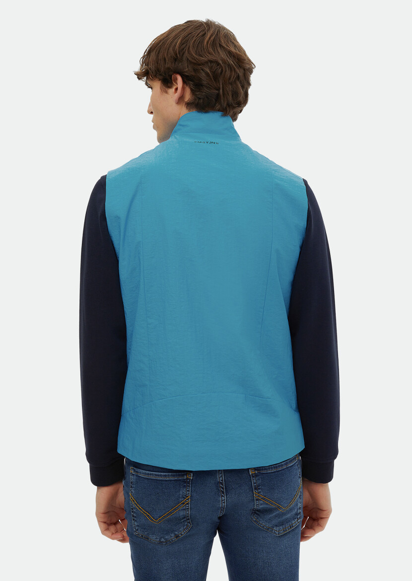 Turquoise Regular Fit Turtleneck Denim Weaving Puffer Vest - 5