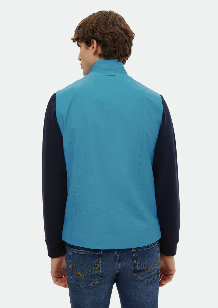 Turquoise Regular Fit Turtleneck Denim Weaving Puffer Vest - 5