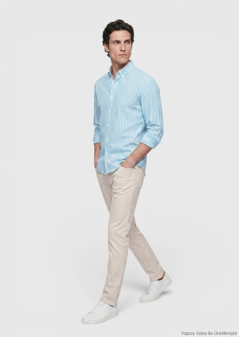 Turquoise Striped Regular Fit Long Weaving Classical Shirt - RAMSEY