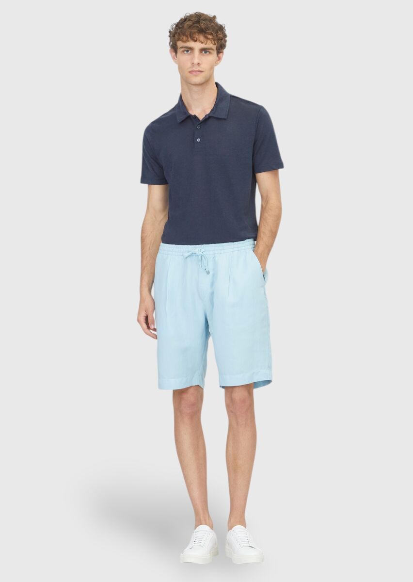 Turquoise Weaving Jogging Fit Casual Linen Blended Bermuda - 1