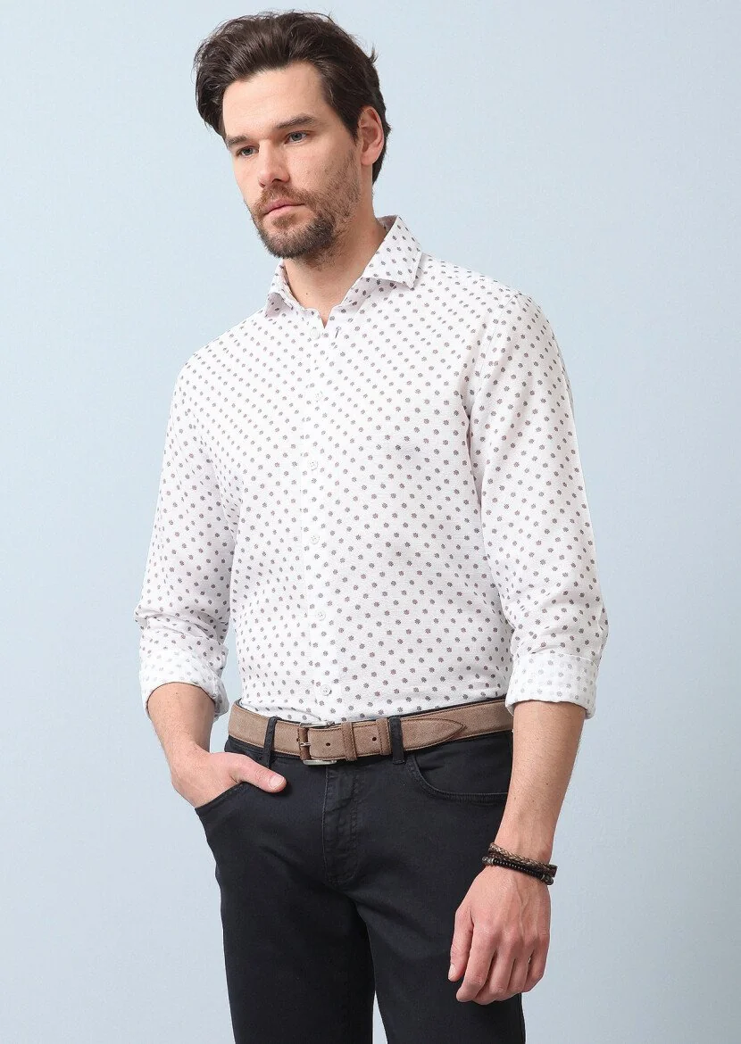 Turuncu Baskılı Regular Fit Dokuma Casual Pamuk Karışımlı Gömlek 
