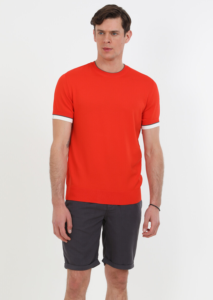 Turuncu Bisiklet Yaka Düz Örgü Triko - 1