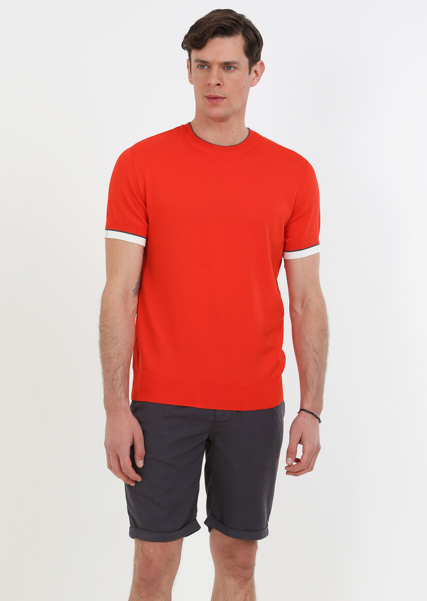 Turuncu Bisiklet Yaka Düz Örgü Triko - 1