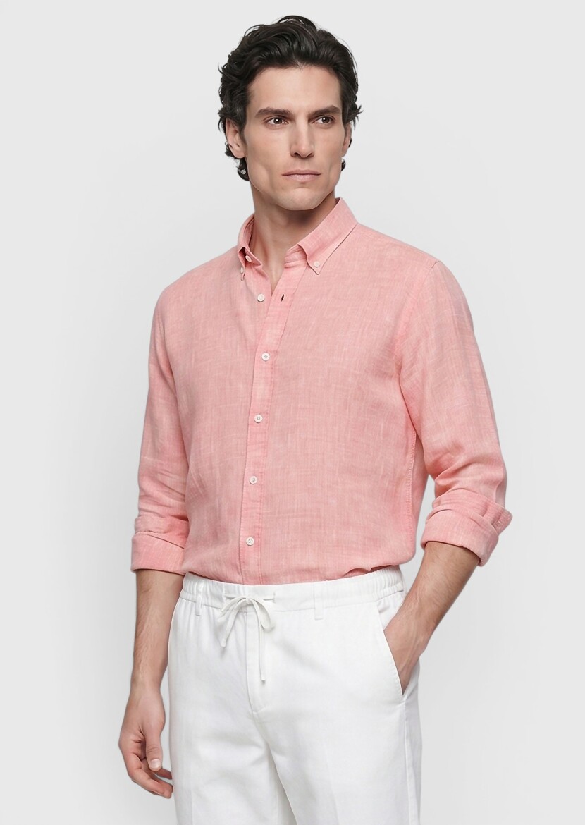 Turuncu Düz Casual Fit Uzun Dokuma Casual %100 Keten Gömlek 